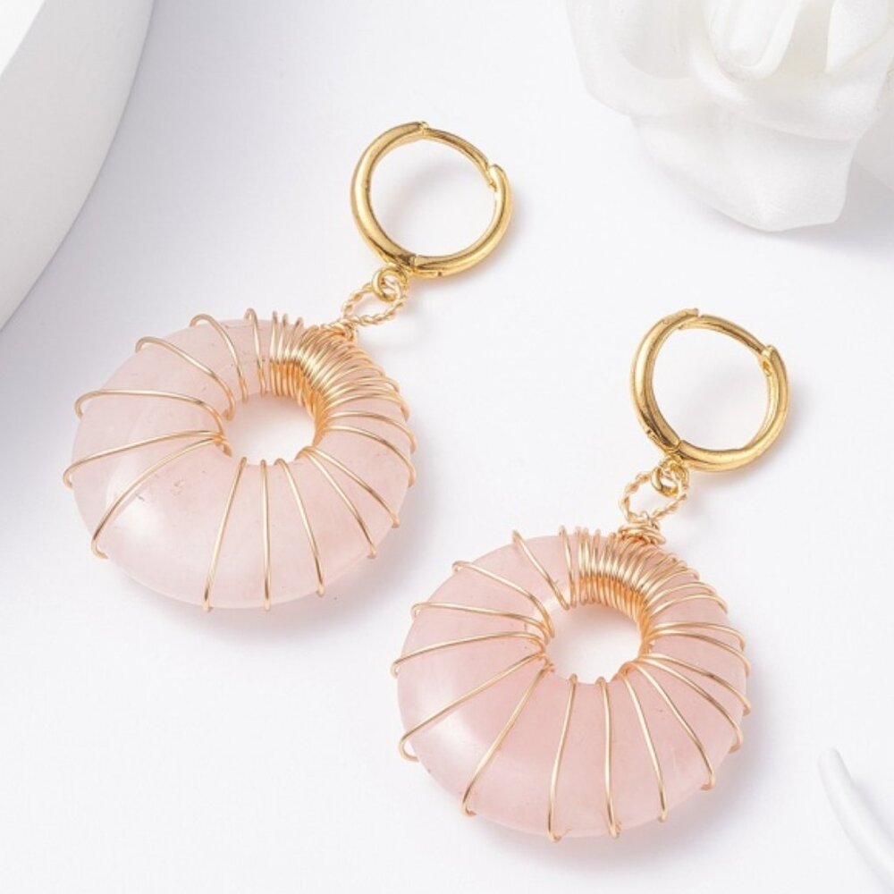 Donut Natural Rose Quartz Dangle Hoop Earrings, Wire Wrap Stone Drop Earrings